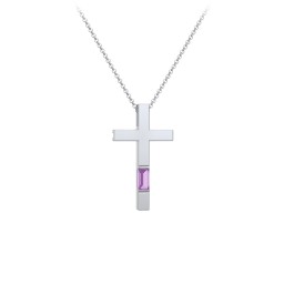Modern Cross with Baguette Birthstone in 925 Sterling Silver with Amethyst