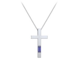 Modern Cross with Baguette Birthstone in 925 Sterling Silver with Blue Sapphire