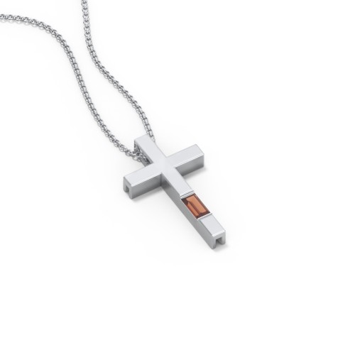Modern Cross with Baguette Birthstone – Sterling Silver with Garnet