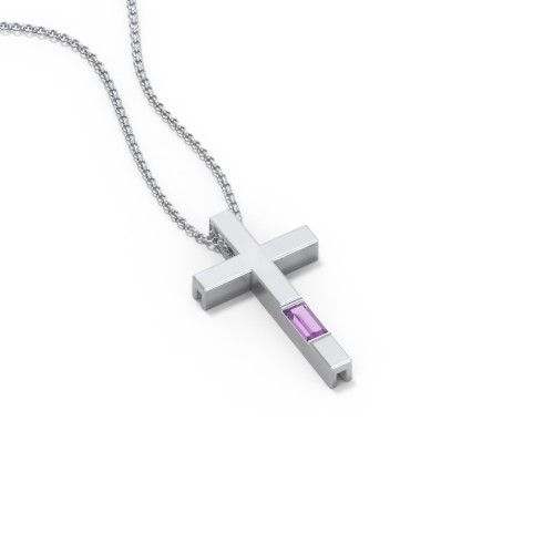 Modern Cross with Baguette Birthstone – Sterling Silver with Amethyst