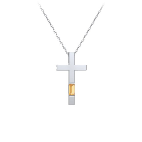Modern Cross with Baguette Birthstone – Sterling Silver with Citrine