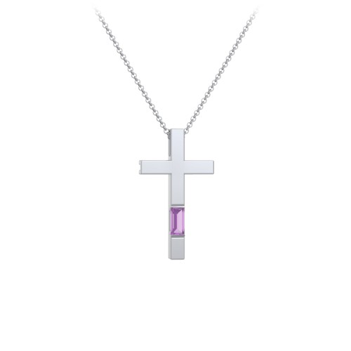 Modern Cross with Baguette Birthstone – Sterling Silver with Amethyst