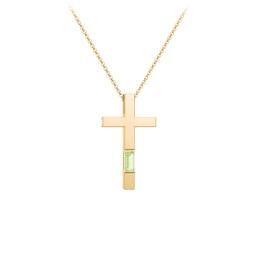 Modern Cross with Baguette Birthstone in 10K Solid Yellow Gold with Peridot