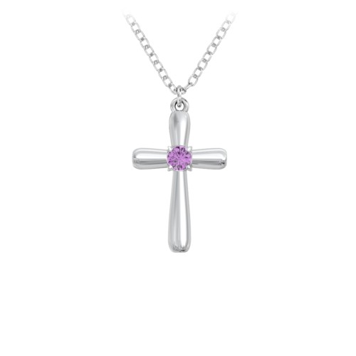 Mini Cross with Birthstone – Sterling Silver with Amethyst