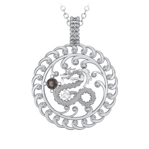 Year of the Dragon Chinese Zodiac Medallion Necklace – Sterling Silver with Smokey Quartz