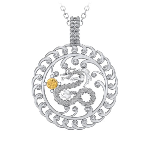 Year of the Dragon Chinese Zodiac Medallion Necklace – Sterling Silver with Citrine