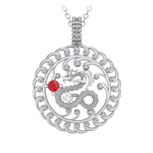 Year of the Dragon Chinese Zodiac Medallion Necklace – Sterling Silver with Garnet