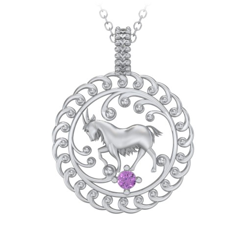 Year of the Goat Chinese Zodiac Medallion Necklace – Sterling Silver with Amethyst