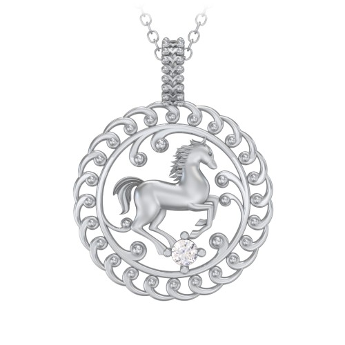 Year of the Horse Chinese Zodiac Medallion Necklace – Sterling Silver with Cubic Zirconia