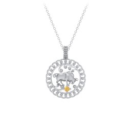 Year of the Ox Chinese Zodiac Medallion Necklace in 925 Sterling Silver with Citrine