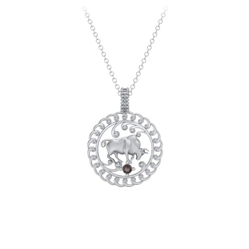 Year of the Ox Chinese Zodiac Medallion Necklace – Sterling Silver with Smokey Quartz