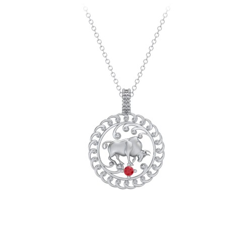 Year of the Ox Chinese Zodiac Medallion Necklace – Sterling Silver with Garnet