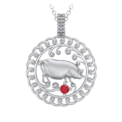 Year of the Pig Chinese Zodiac Medallion Necklace – Sterling Silver with Garnet