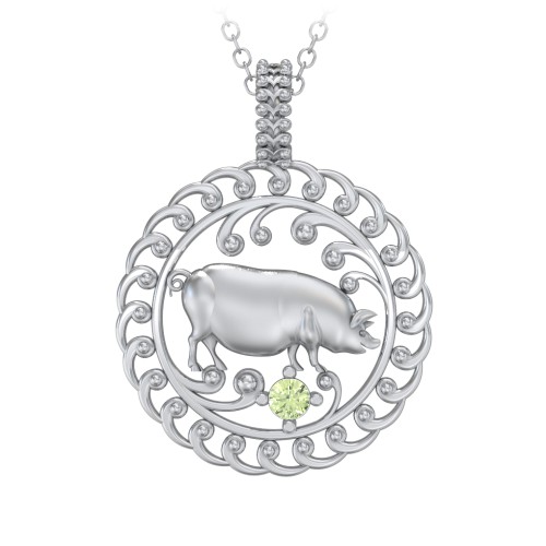Year of the Pig Chinese Zodiac Medallion Necklace – Sterling Silver with Peridot