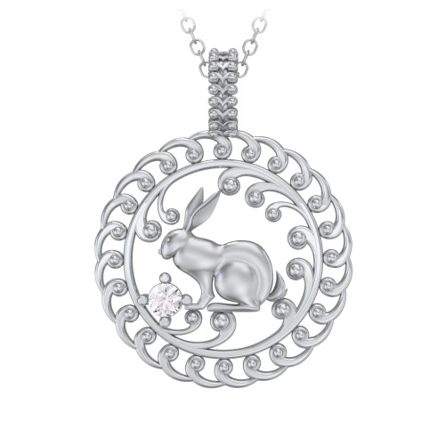 Year of the Rabbit Chinese Zodiac Medallion Necklace – Sterling Silver with Cubic Zirconia