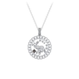 Year of the Rabbit Chinese Zodiac Medallion Necklace in 925 Sterling Silver with Smokey Quartz