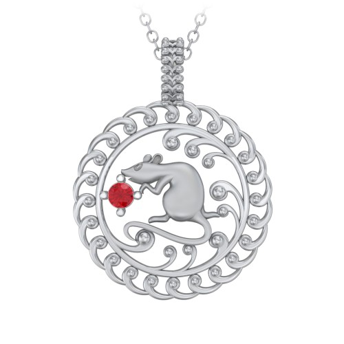 Year of the Rat Chinese Zodiac Medallion Necklace – Sterling Silver with Garnet