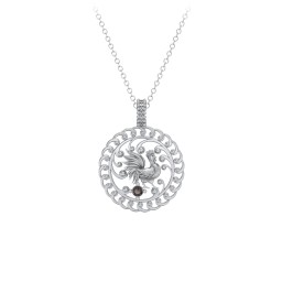 Year of the Rooster Chinese Zodiac Medallion Necklace in 925 Sterling Silver with Smokey Quartz