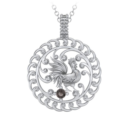 Year of the Rooster Chinese Zodiac Medallion Necklace – Sterling Silver with Smokey Quartz