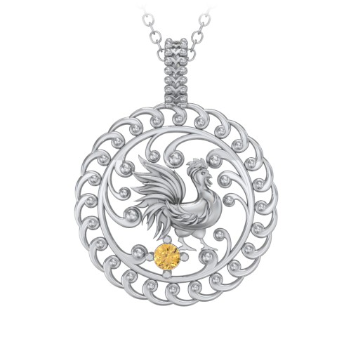 Year of the Rooster Chinese Zodiac Medallion Necklace – Sterling Silver with Citrine