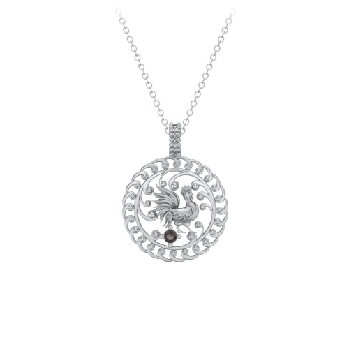 Year of the Rooster Chinese Zodiac Medallion Necklace – Sterling Silver with Smokey Quartz