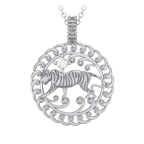 Year of the Tiger Chinese Zodiac Medallion Necklace – Sterling Silver with Cubic Zirconia