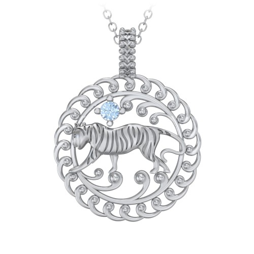 Year of the Tiger Chinese Zodiac Medallion Necklace – Sterling Silver with Blue Topaz