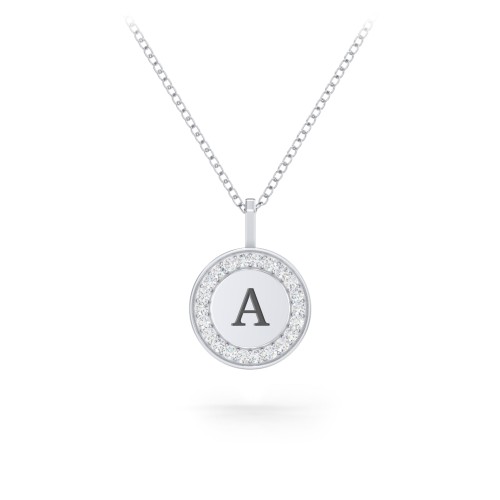 Initial Halo Disc Necklace with Accents – Sterling Silver with Diamond