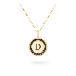 Initial Halo Disc Necklace with Accents in 10K Solid Yellow Gold with Black Premium Zirconia