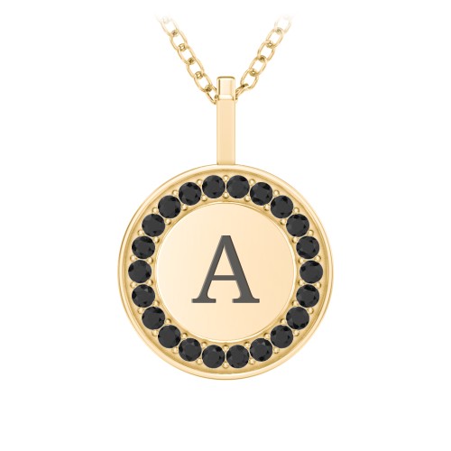 Initial Halo Disc Necklace with Accents – 10K Yellow Gold with Black Premium Zirconia