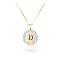 Initial Halo Disc Necklace with Gemstones in 18K Gold Plated Silver with Blue Topaz