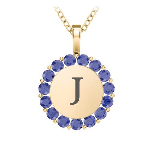 Initial Halo Disc Necklace with Gemstones – 18K Gold Plated Silver with Blue Sapphire