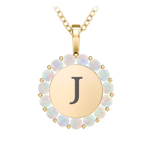 Initial Halo Disc Necklace with Gemstones – 18K Gold Plated Silver with Opal