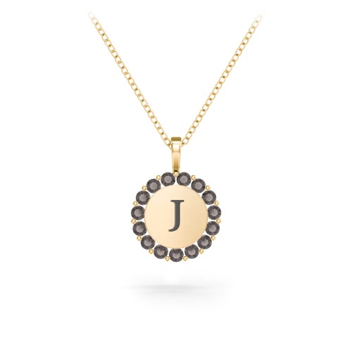 Initial Halo Disc Necklace with Gemstones – 18K Gold Plated Silver with Smokey Quartz