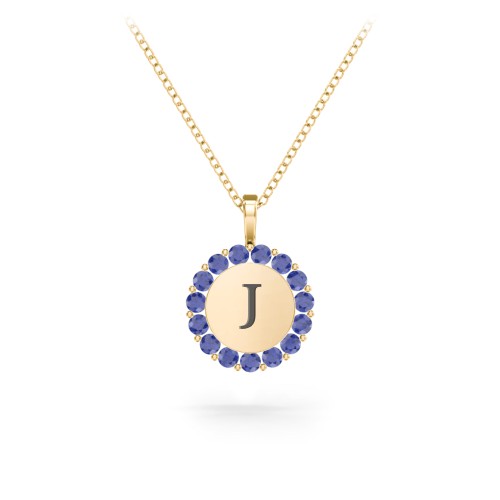 Initial Halo Disc Necklace with Gemstones – 18K Gold Plated Silver with Blue Sapphire