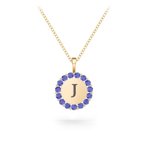 Initial Halo Disc Necklace with Gemstones – 18K Gold Plated Silver with Blue Sapphire