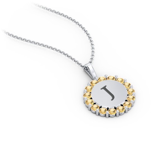Initial Halo Disc Necklace with Gemstones – Sterling Silver with Citrine