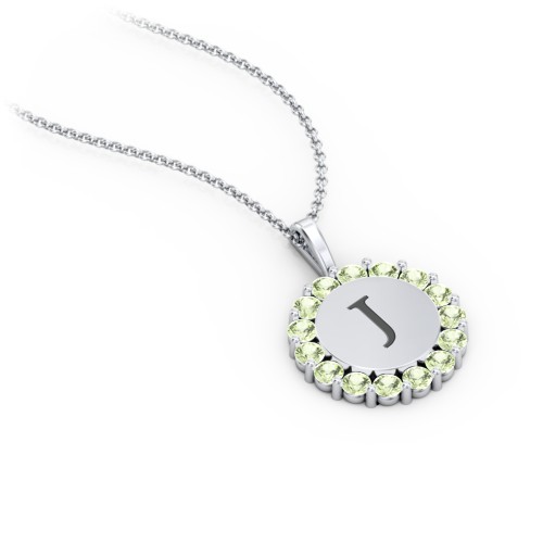 Initial Halo Disc Necklace with Gemstones – Sterling Silver with Peridot