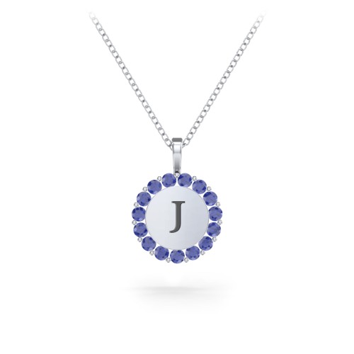 Initial Halo Disc Necklace with Gemstones – Sterling Silver with Blue Sapphire