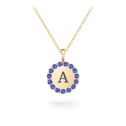 Initial Halo Disc Necklace with Gemstones in 10K Solid Yellow Gold with Blue Sapphire