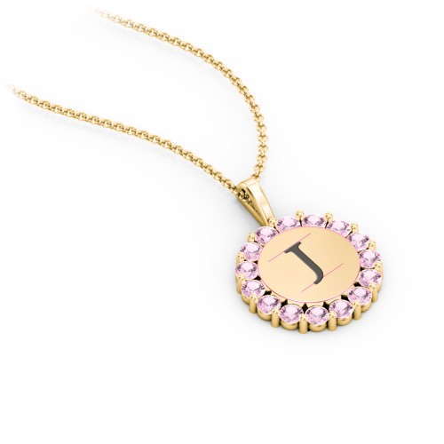 Initial Halo Disc Necklace with Gemstones – 10K Yellow Gold with Pink Tourmaline