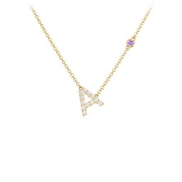 Pavé A Initial Necklace with Satellite Gemstone in 10K Solid Yellow Gold with White Premium Zirconia and Amethyst