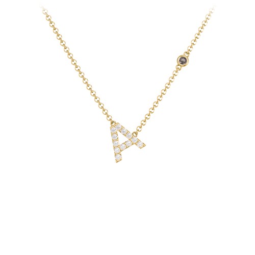 Pavé A Initial Necklace with Satellite Gemstone – 10K Yellow Gold with White Premium Zirconia and Smokey Quartz