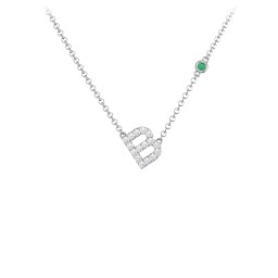 Pavé B Initial Necklace with Satellite Gemstone in 925 Sterling Silver with White Premium Zirconia and Emerald