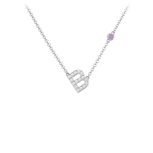 Pavé B Initial Necklace with Satellite Gemstone – Sterling Silver with White Premium Zirconia and Amethyst