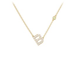 Pavé B Initial Necklace with Satellite Gemstone in 10K Solid Yellow Gold with White Premium Zirconia and Peridot