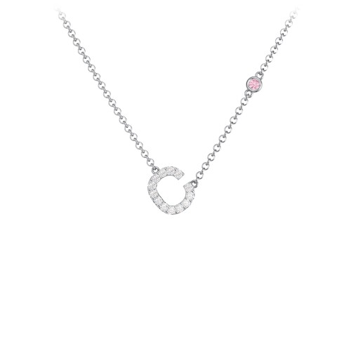 Pavé C Initial Necklace with Satellite Gemstone – Sterling Silver with White Premium Zirconia and Pink Tourmaline