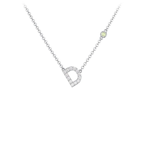 Pavé D Initial Necklace with Satellite Gemstone – Sterling Silver with White Premium Zirconia and Peridot