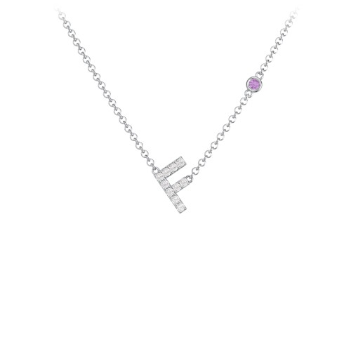 Pavé F Initial Necklace with Satellite Gemstone – Sterling Silver with White Premium Zirconia and Amethyst