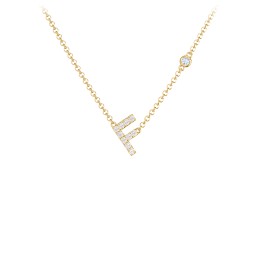 Pavé F Initial Necklace with Satellite Gemstone in 10K Solid Yellow Gold with White Premium Zirconia and Aquamarine